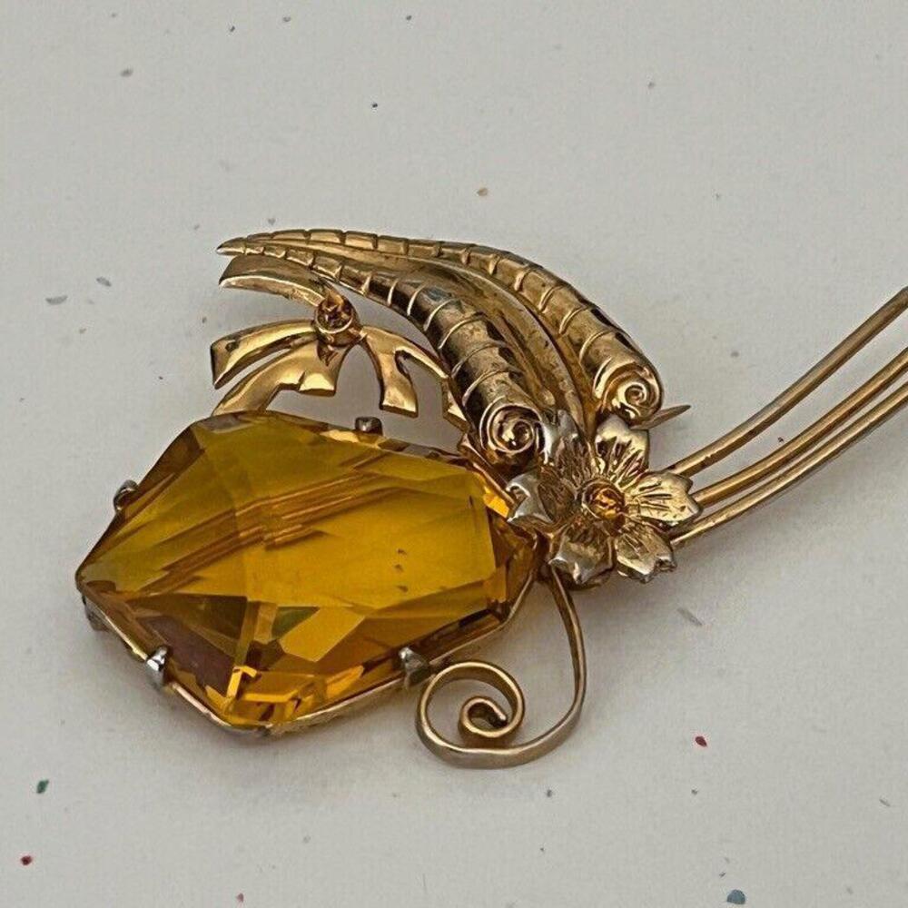 Superb 14k Gold Wash Sterling Flower Brooch with Huge Citrine Color Glass